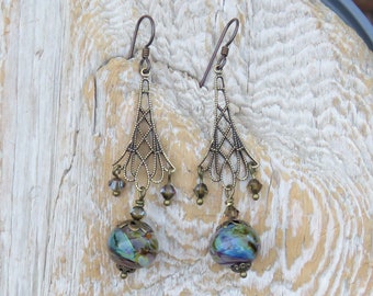 Vintage inspired handmade glass lampwork bead and swarovski crystal earrings