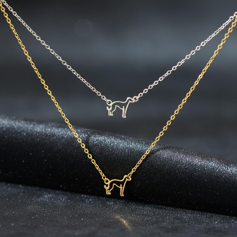 May include: Two-layered necklace featuring a dog silhouette pendant. The top chain is silver, and the bottom chain is gold. The dog pendant is a simple outline, adding a touch of elegance to the jewelry.