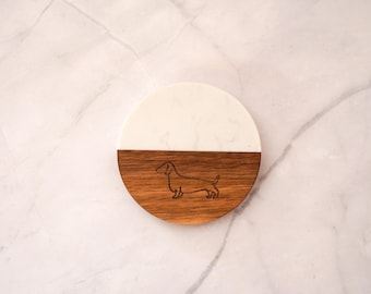 Dachshund Wooden & Marble Coaster in Gift Box