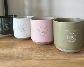 French Bulldog Tea/ Coffee Mug with Green/ White/ Black/ Pink Speckled Ceramic Glaze