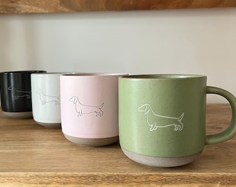 Dachshund Tea/ Coffee Mug in Green/ Apricot or White Speckled Ceramic