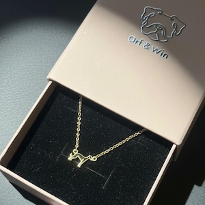 May include: A gold-colored necklace with a dog pendant rests inside a pink box with the text "Arf & Win". The box is open, revealing the necklace on a black velvet surface. The dog pendant is a stylized silhouette.