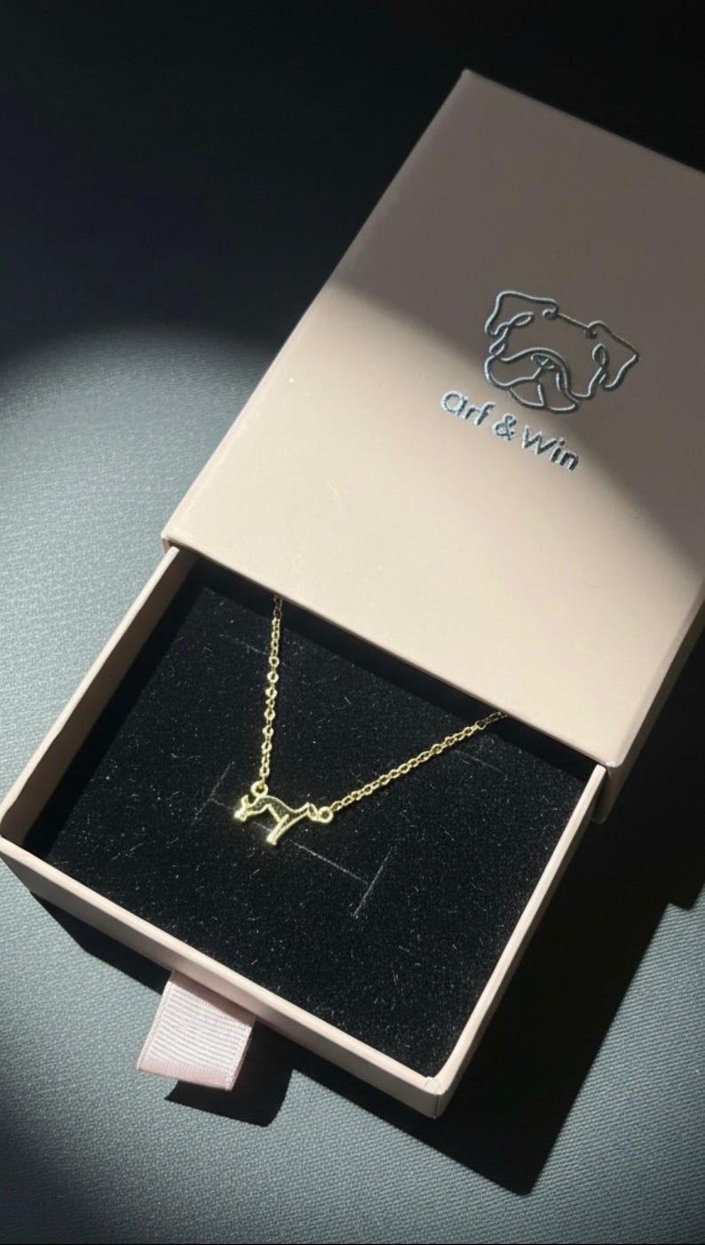 May include: A gold-colored necklace with a dog pendant rests inside a pink box with the text "Arf & Win". The box is open, revealing the necklace on a black velvet surface. The dog pendant is a stylized silhouette.