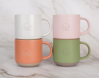 Cockapoo/ Cavapoo / Maltipoo Engraved Ceramic Tea/ Coffee  Mug with Speckled Pink, Green, White, Apricot Glaze