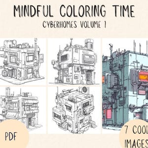 7 Cyberpunk House Coloring Pages – Futuristic City Homes for Adults, Printable PDF, Sci-Fi Architecture Art for Relaxation, Instant Download