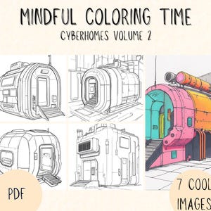7 Cyberpunk House Coloring Pages – Futuristic City Homes for Adults, Printable PDF, Sci-Fi Architecture Art for Relaxation, Instant Download