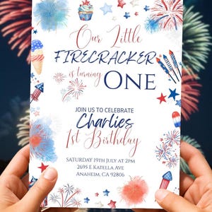 Erste Geburtstagseinladung, unser kleiner Feuersturm, 4. Juli Geburtstagseinladung, Mädchen Geburtstag einladen, bearbeitbare Canva Vorlage