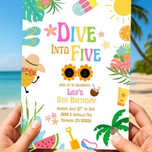Editable Summer 5th Birthday Invitation, Dive Into Five Invitation, Girls Birthday Invite, Printable Canva Template