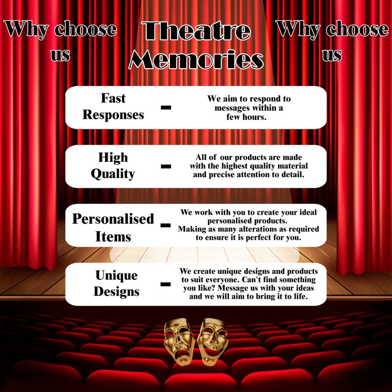 Może przedstawiać: Obraz promocyjny dla "Theatre Memories" z czerwonymi zasłonami i siedzeniami w teatrze. Obraz podkreśla kluczowe cechy: szybkie odpowiedzi, wysoką jakość, spersonalizowane przedmioty i unikalne projekty. Dwie złote maski teatralne na dole.