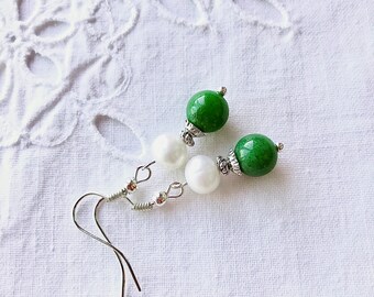 Green Jade Colour Agate and Freshwater Pearl Earrings