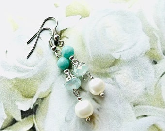 Pastel Blue Amazonite and Freshwater Pearls Earrings