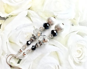 Sparkling Silver Night Long Crystal and Pearls Earrings