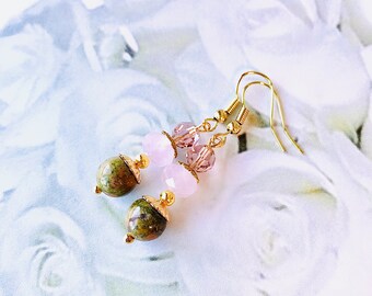 Pink and Green Tone Unakite Beads and  Pink Rose Quartz Earrings