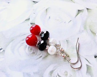 Red Agate, Black Crystal and White Glass Pearl Earrings