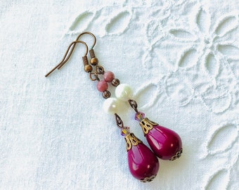 Vintage Style Purple Agate, Rhodonite and Freshwater Pearl Earrings