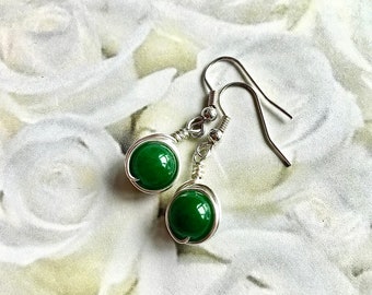 Wire Wrapped Earrings with Green Jade