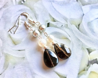 Smokey Quartz and Pearl Earrings