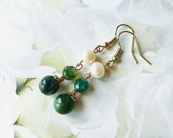 Green Moss Agate and  Freshwater Pearl Earrings