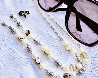 Glasses Chain Lanyard Neclace in Silver Grey Pearl and Shell