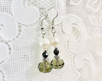 Crystal Earrings in Smokey Grey and White Pearl