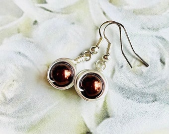 Wire Wrapped Earrings with Chocolate Brown Pearls