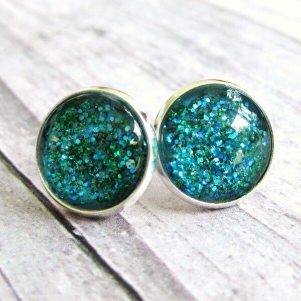 Galaxy earrings , Glitter earrings in peacock blue