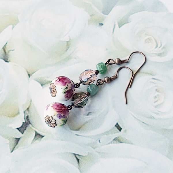 Oriental Style Pink and White Porcelain Vintage-Inspired Earrings