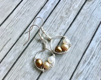 Wire Wrapped Earrings with Multi Freshwater Pearls