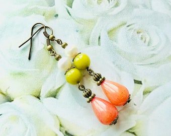 Victorian Style Mandarin Orange and Olive Green Agate Earrings