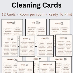 May include: A printable set of 12 cleaning checklists for different rooms in a house. Each checklist has a room name and a list of cleaning tasks. The checklists are designed to help people clean their homes more efficiently.