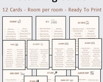 12 begeleide schoonmaakkaarten voor gezinnen, kinderen en tieners. Kaarten per kamer. Volledig afdrukbaar en bewerkbaar met Canva