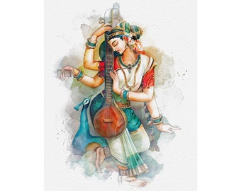 Saraswati Maa | watercolor painting | Music enthusiast | Colored Portrait | Art gift | Home decor | Available in various sizes