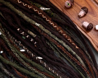 Forest Boho Synthetic Dreads: Green & Brown Dreadlock Extensions with Charms