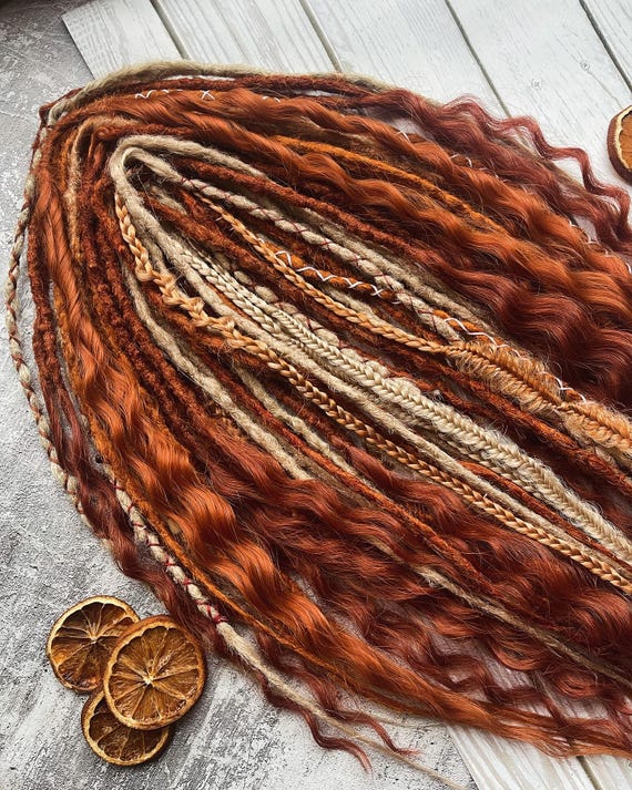 Handmade Boho Dreadlock Extensions: Copper, Beige & Ginger Waves