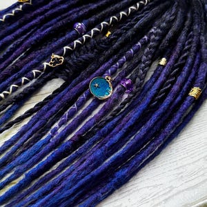 Galaxy Dreadlock Extensions: Blue Purple Synthetic Dreads with Moon Star Charms