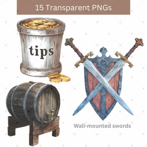 May include: Watercolor illustrations of fantasy-themed objects. Includes a wooden barrel, a metal container labeled "tips" filled with gold coins, a shield with crossed swords, and the text "Wall-mounted swords" and "15 Transparent PNGs".