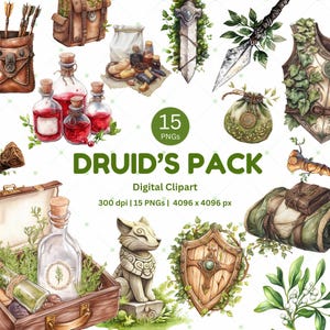 Druid Watercolor Clipart, 5e TTRPG Whimsical Fantasy Art, Forest Nature Wizard PNG, Printable Digital Sticker for Character Journal Download