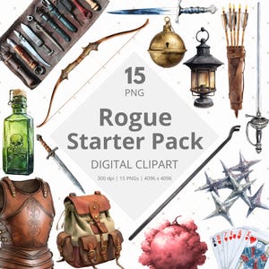 May include: Watercolor digital clipart set titled "Rogue Starter Pack." The image features various fantasy-themed items, including a bow and arrow, swords, a backpack, a potion bottle with a skull, and playing cards. The text "Rogue Starter Pack" is displayed prominently.