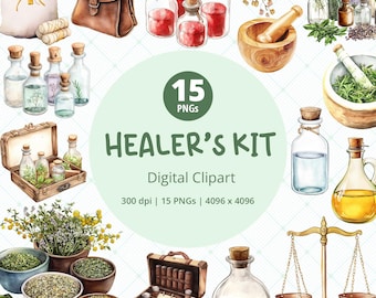 Healer Watercolor Clipart, 5e TTRPG Cleric Paladin Druid Witchy Fantasy Art, Medieval PNG, Printable Digital Stickers for Campaign Journal