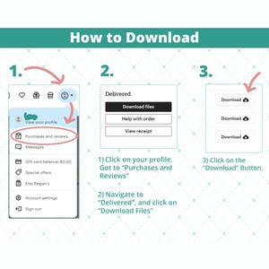 May include: A step-by-step guide on how to download files after purchase. The image shows a mobile screen with instructions to click on the profile, go to purchases and reviews, navigate to delivered, and click download files.