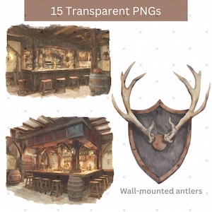 May include: Watercolor illustrations of a pub interior and wall-mounted antlers. The pub scenes feature wooden bars, stools, and barrels. The antlers are mounted on a shield with a dark background. Text reads "15 Transparent PNGs" and "Wall-mounted antlers".