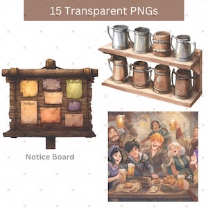 May include: An illustration featuring a wooden notice board with various papers, a shelf with beer steins, and a tavern scene with people drinking beer. The image includes the text "15 Transparent PNGs" and "Notice Board."