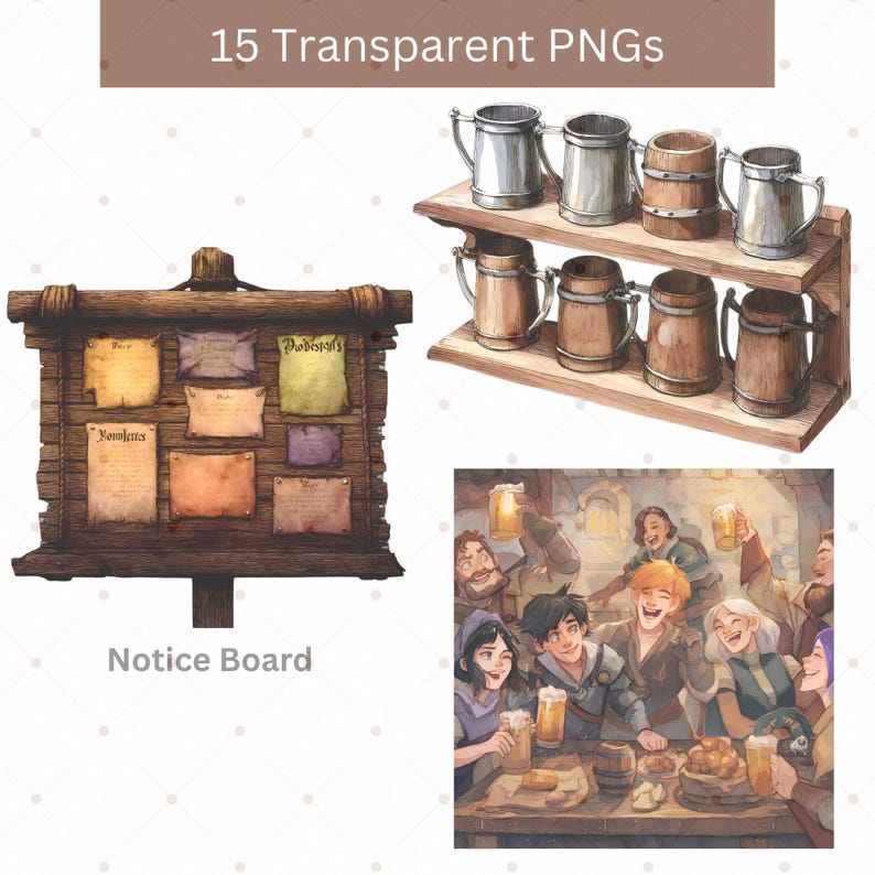May include: An illustration featuring a wooden notice board with various papers, a shelf with beer steins, and a tavern scene with people drinking beer. The image includes the text "15 Transparent PNGs" and "Notice Board."