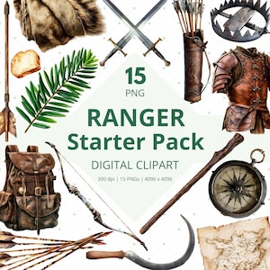 May include: Watercolor digital clipart set titled "RANGER Starter Pack" with various fantasy-themed items. Includes a backpack, bow and arrows, swords, armor, compass, and a bear trap. The text "15 PNG" and "DIGITAL CLIPART" are also visible.