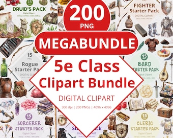 Fantasy TTRPG Printable Digital Sticker Bundle, 5e Classes Watercolor Clipart, Medieval Gaming Decor for Character Journal Instant Download