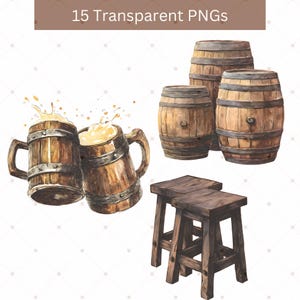 May include: Watercolor illustration featuring wooden beer mugs with overflowing foam, wooden barrels, and stools. The image includes the text "15 Transparent PNGs" at the top. The items are rendered in shades of brown and beige.