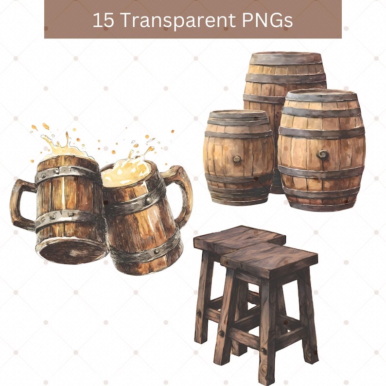 May include: Watercolor illustration featuring wooden beer mugs with overflowing foam, wooden barrels, and stools. The image includes the text "15 Transparent PNGs" at the top. The items are rendered in shades of brown and beige.
