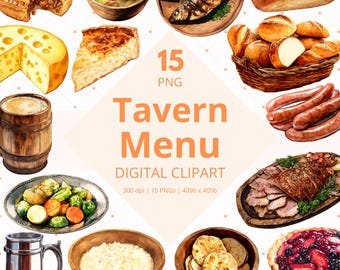 Medieval Tavern Food Clipart, Watercolor Fantasy Art PNG, Printable Digital Sticker Ephemera for 5e TTRPG Character Journal Customization