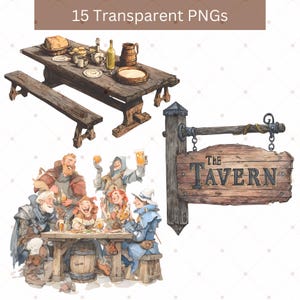 May include: Watercolor illustrations of a tavern scene. Includes a wooden table with bench, a sign that reads "The Tavern", and a group of people at a table. The image also includes various food and drink items.