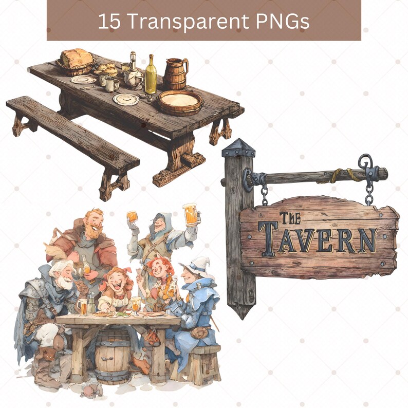 May include: Watercolor illustrations of a tavern scene. Includes a wooden table with bench, a sign that reads "The Tavern", and a group of people at a table. The image also includes various food and drink items.